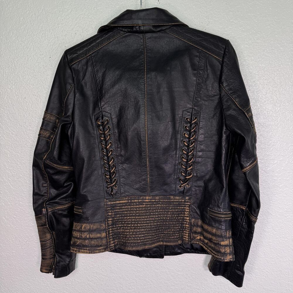 Wilsons Vintage USA Leather Jacket Women Small Lace Up Distressed Biker Moto - Picture 2 of 12